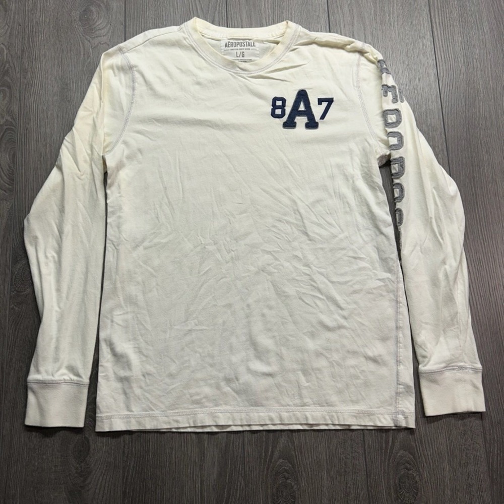 Aeropostale Mens Large Y2K Cream Long Sleeve Graphic T-Shirt Spellout Vintage
